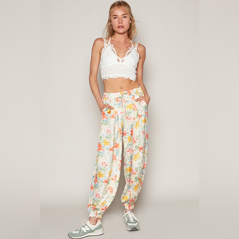 83. POL Harem Pants Multicolor Bohemian Floral Clearance Silky Soft Pockets - Picture 3 of 5